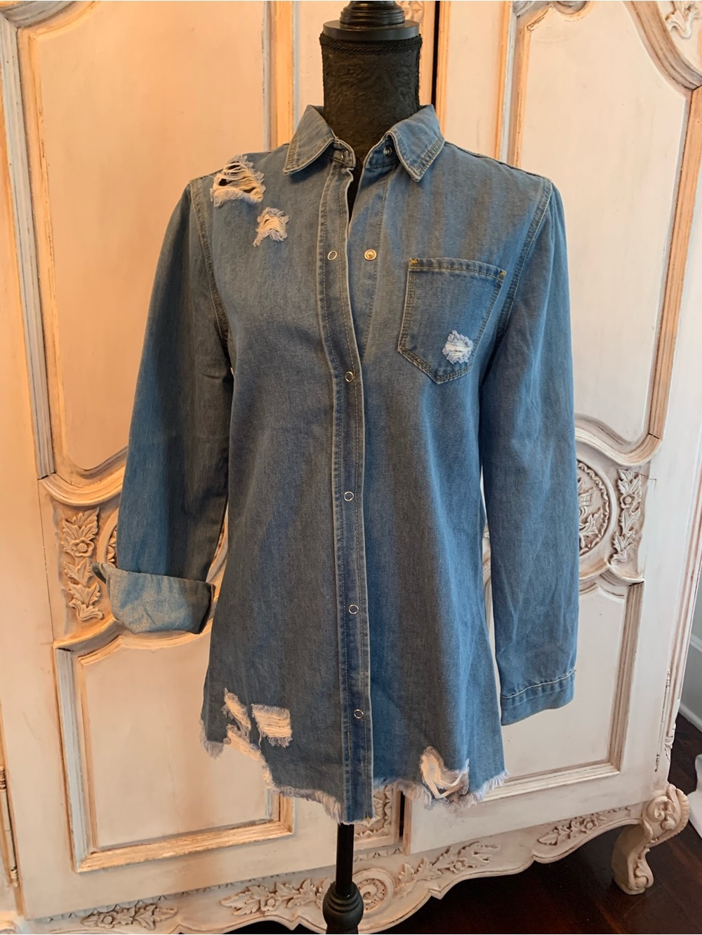 Distressed Blue Denim Snap Up Shirt Size M